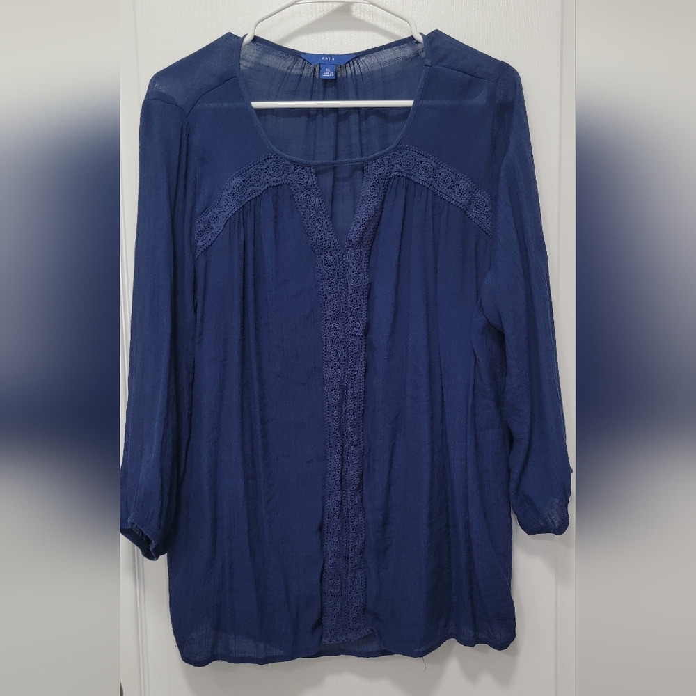 Apt. 9 Navy Blouse with Lace Trim